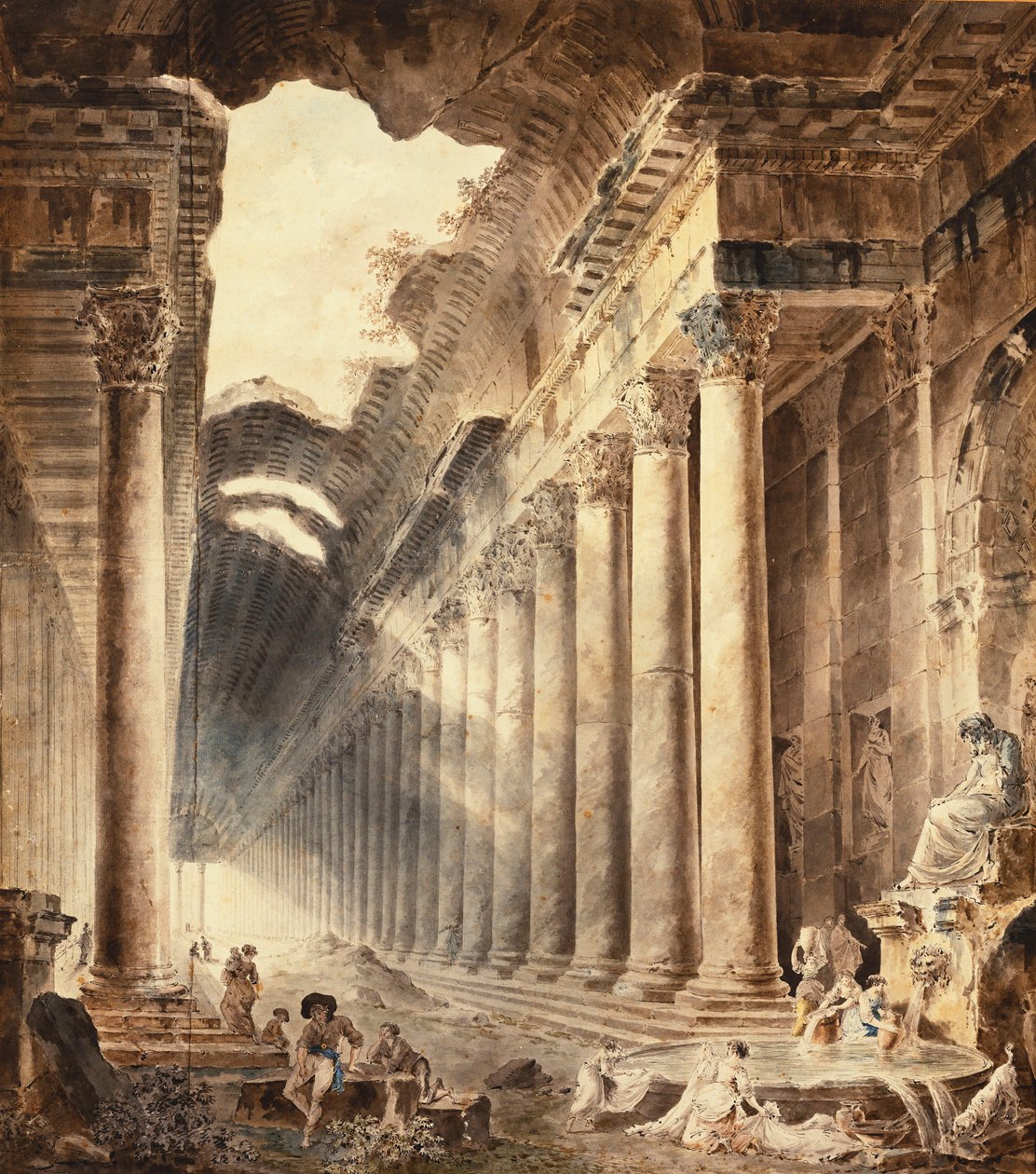 Kolonádová termální budova, střecha částečně otevřená do nebe, s dívkami peroucími prádlo u fontány pod sochou, od Hubert Robert