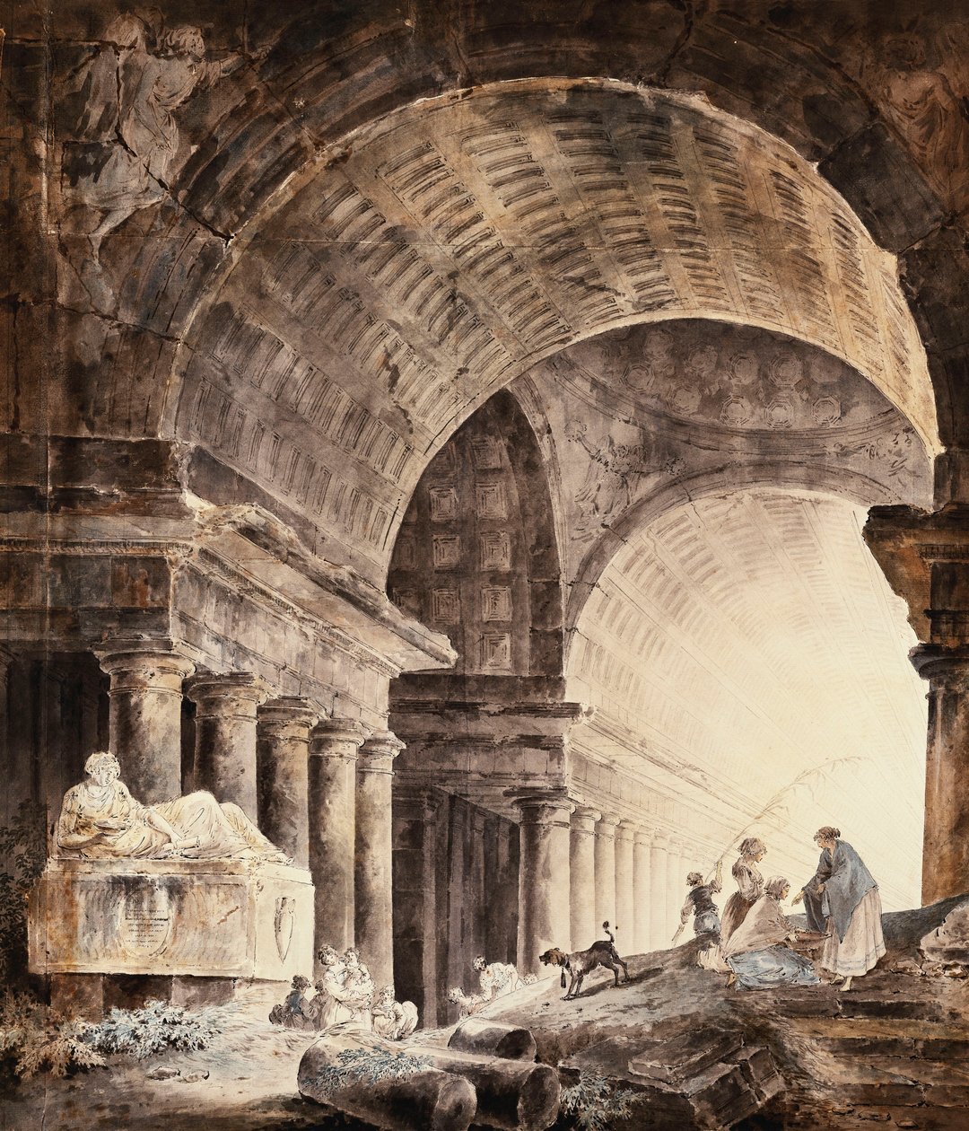 Velká budova s křížovou klenbou se ženami, dětmi a psem u rozbitých sloupů, od Hubert Robert