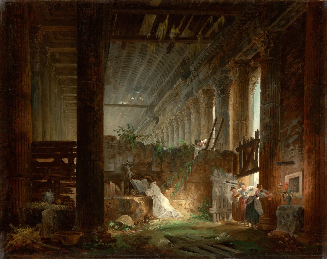 Poustevník se modlí v ruinách římského chrámu, asi 1760 od Hubert Robert