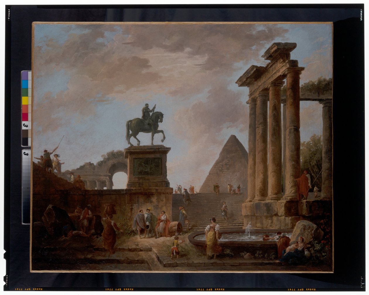 Capriccio trubaduurien ja pesurien kanssa altaan äärellä roomalaisten raunioiden keskellä, pyramidi takana, n. 1780 (öljy kankaalle) od Hubert Robert