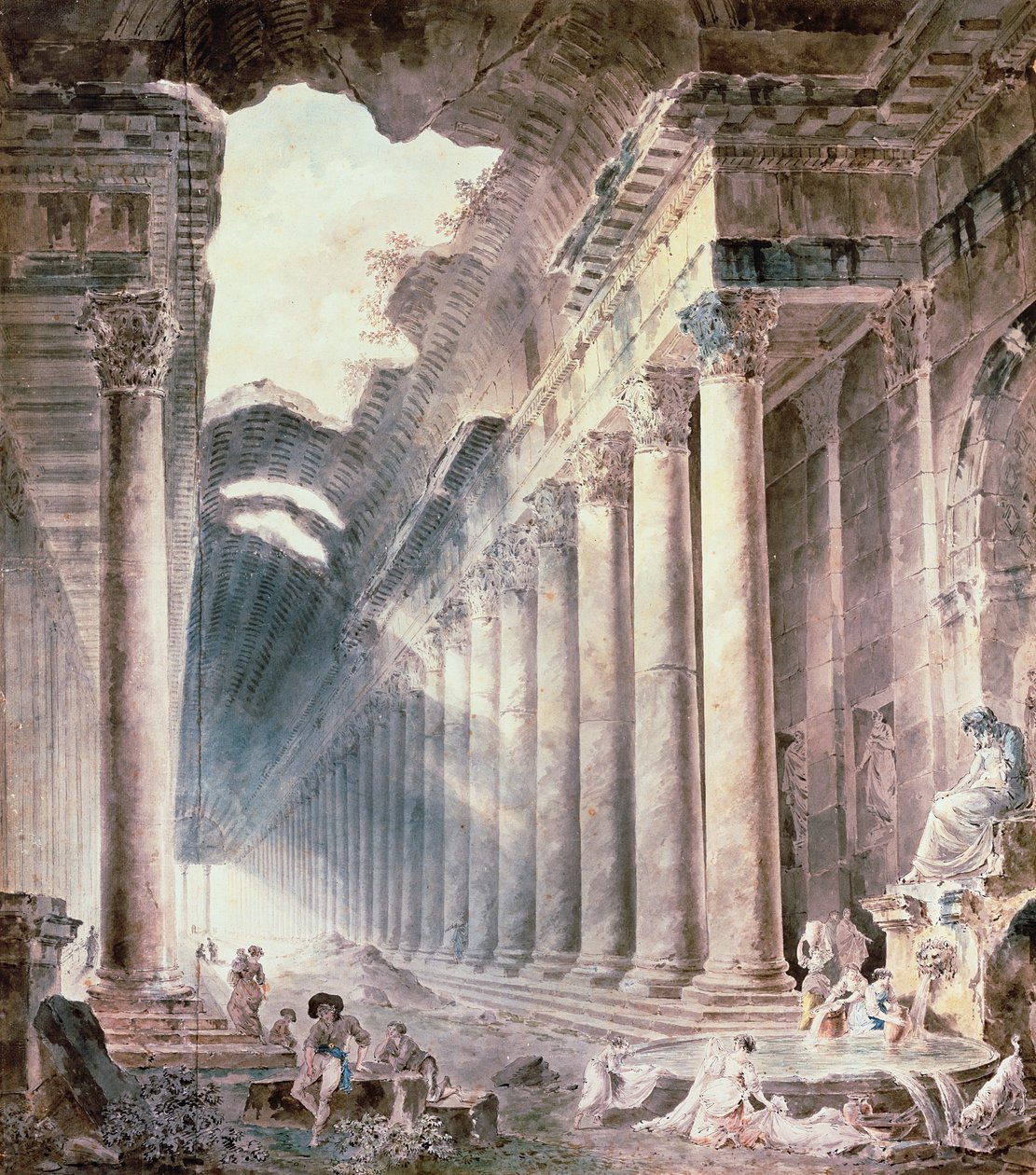 Kolonádová termální budova, střecha částečně otevřená k nebi, s dívkami perou prádlo (akvarel, tužka, inkoust) od Hubert Robert