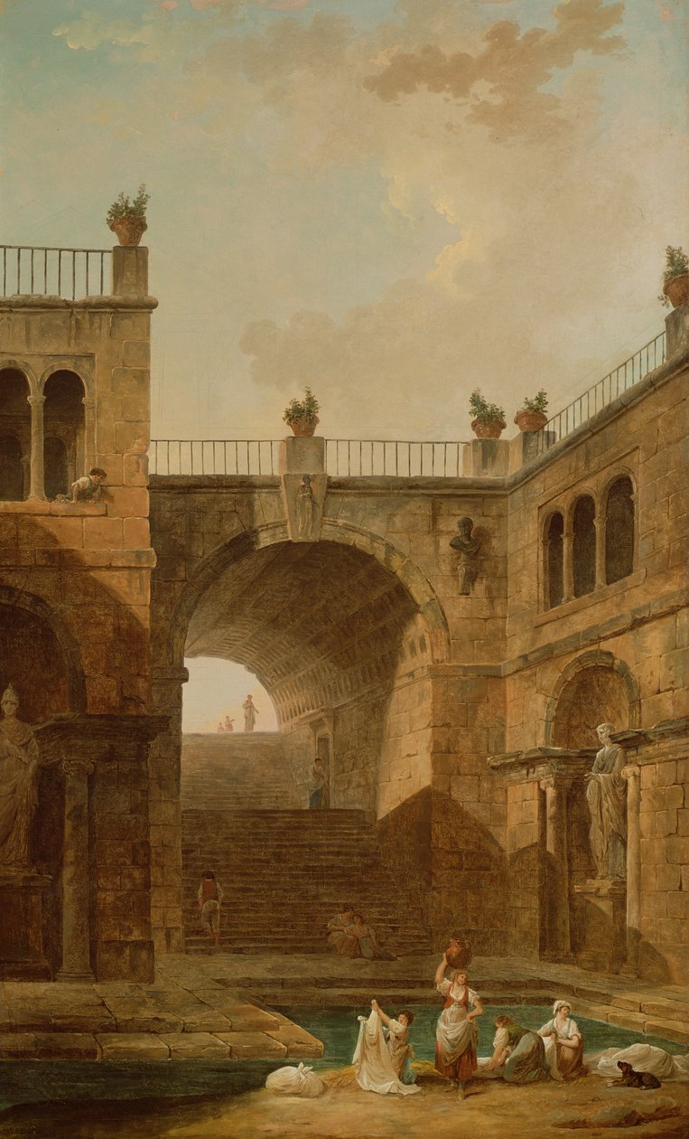 Architektonická scéna s ženami, které perou prádlo u bazénu od Hubert Robert