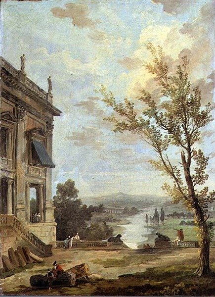 Italská krajina Capriccio s Capitoline Palazzo Nuovo a džentlmeny na terase, řeka za ní od Hubert Robert