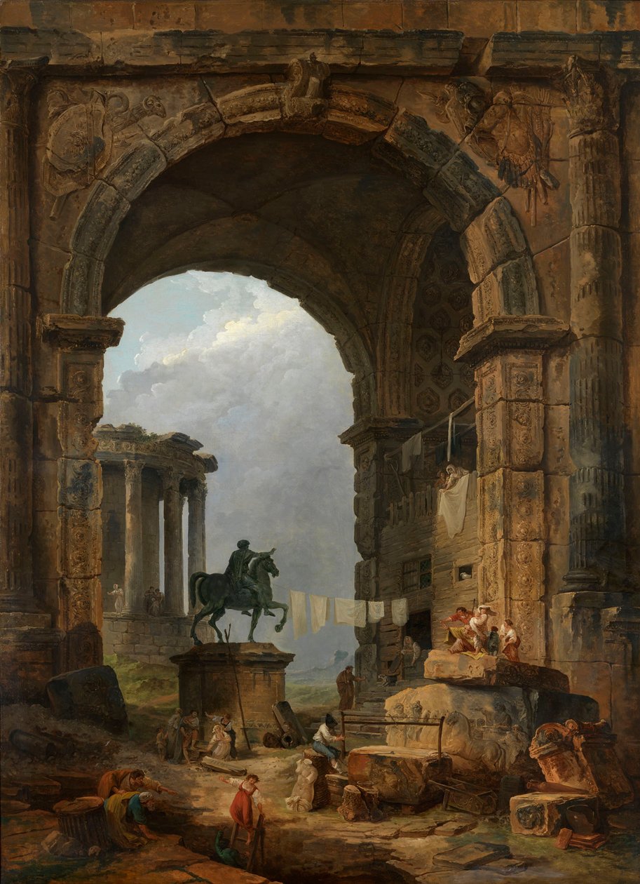 Antik Caprice se sochou Marca Aurelia. od Hubert Robert