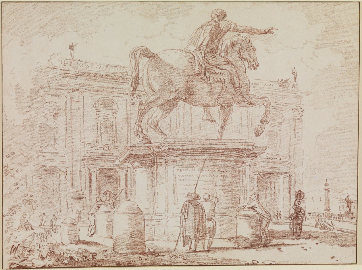 Jezdecká socha Marka Aurelia a Palác konzervátorů v Římě od Hubert Robert