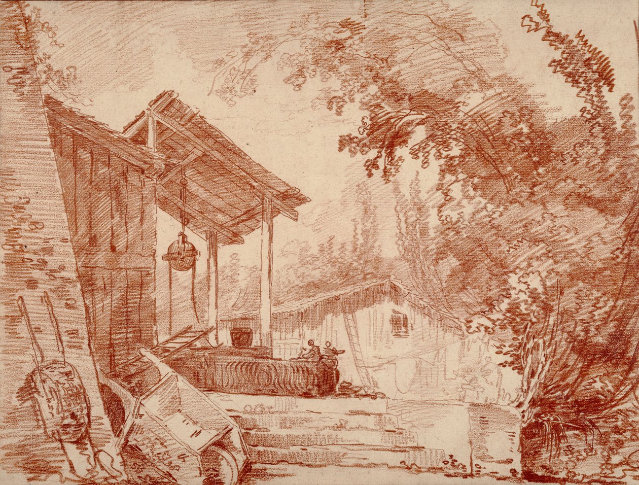 Dvůr s dvěma postavami u studny a velkým kolečkem v popředí od Hubert Robert