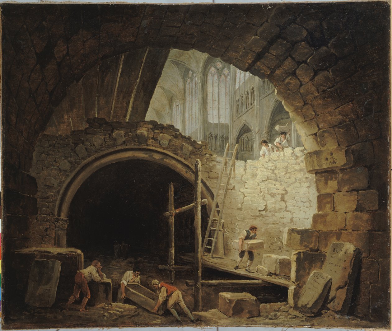 Francouzsky: La Violation des caveaux des rois dans la basilique de Saint-Denis, en octobre 1793 Vykrádání královských hrobek v bazilice Saint-Denis, říjen 1793 od Hubert Robert
