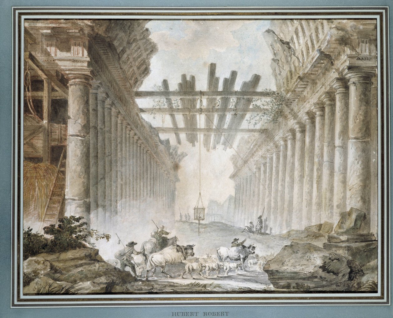 Stádo v troskách chrámu kreslení (olej na plátně) od Hubert Robert