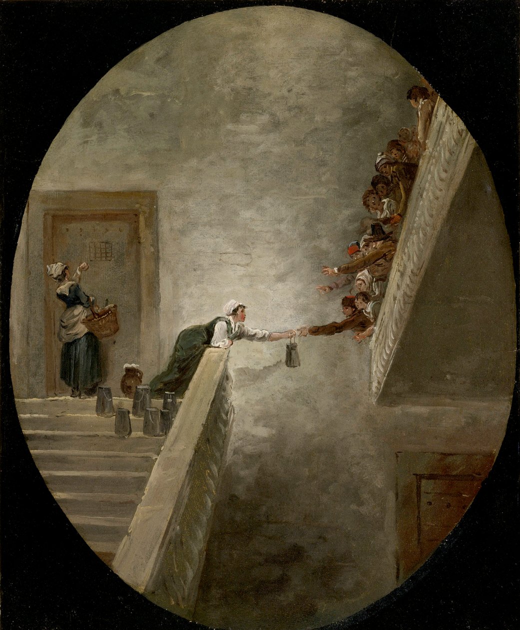 La distribution du lait a la vězení Saint Lazare - Distribuce mléka ve věznici Saint-Lazare od Roberta, Huberta (1733-1808), cca 1794 - Olej na papíře, 36,8x30,2 - Soukromá sbírka od Hubert Robert