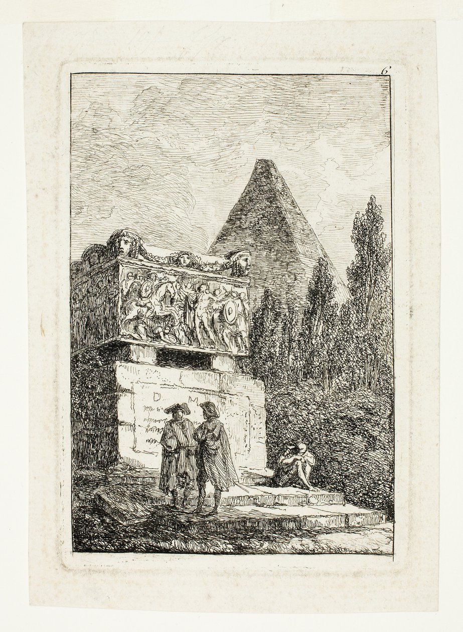 Krajina s pyramidou a sarkofágem, šestá deska z knihy Les Soirées de Rome od Hubert Robert