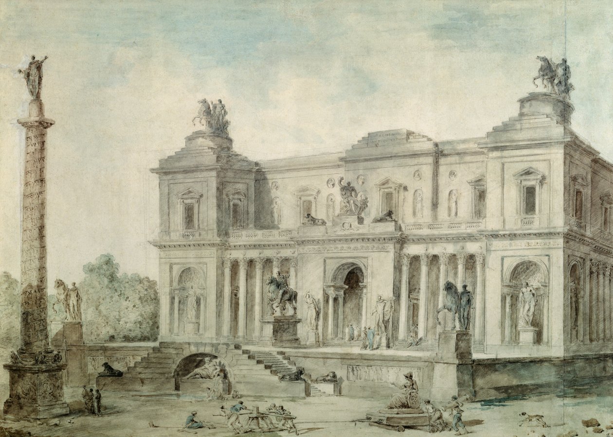 Le Musée des Antiques, cca 1800 (křída, pero a inkoust a wc na papíře) od Hubert Robert