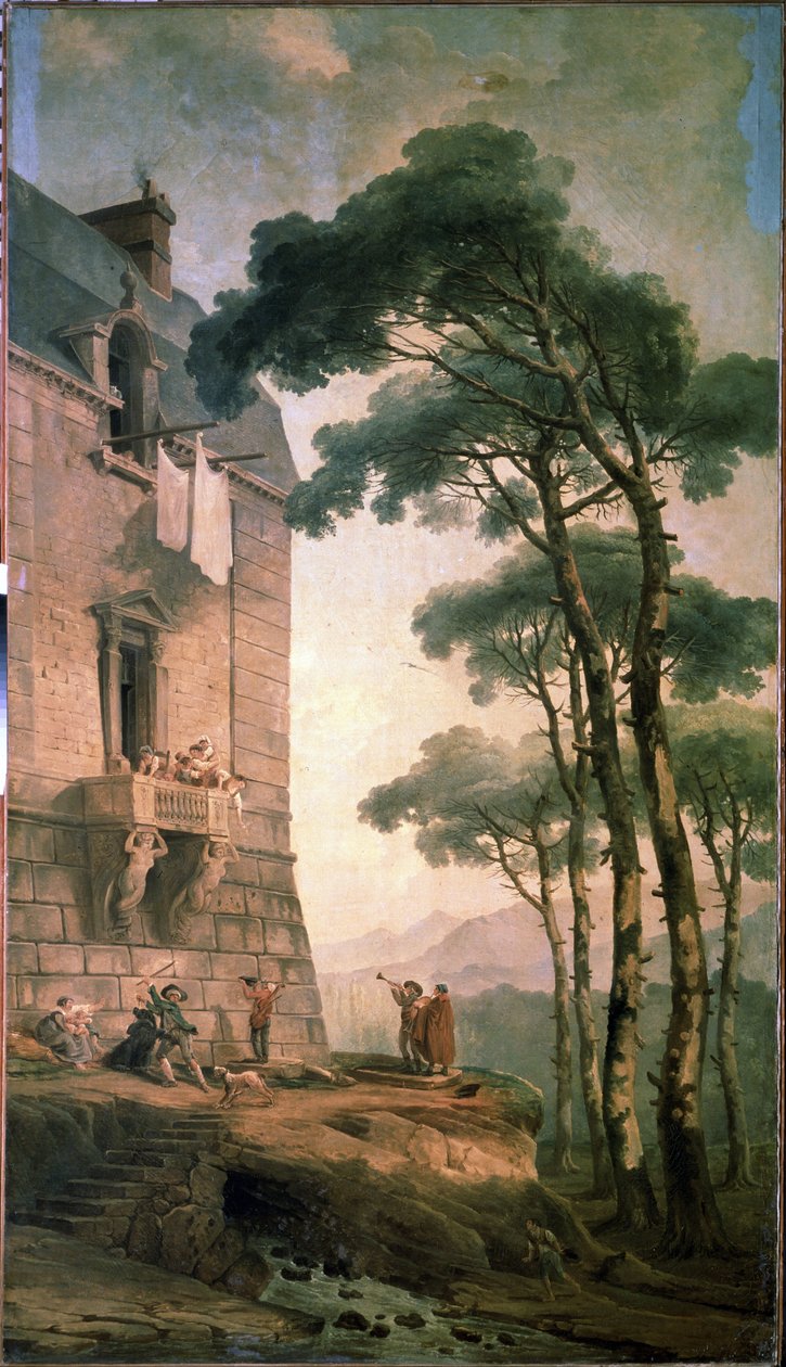 Muzikanti. Pod balkonem měšťanského domu pátrá skupina umělců složená z hudebníků a trenéra medvědů. Malba Huberta Roberta (1733-1808), olej na plátně, francouzské umění. Státní muzeum pod širým nebem Peterhof, Petrohrad od Hubert Robert