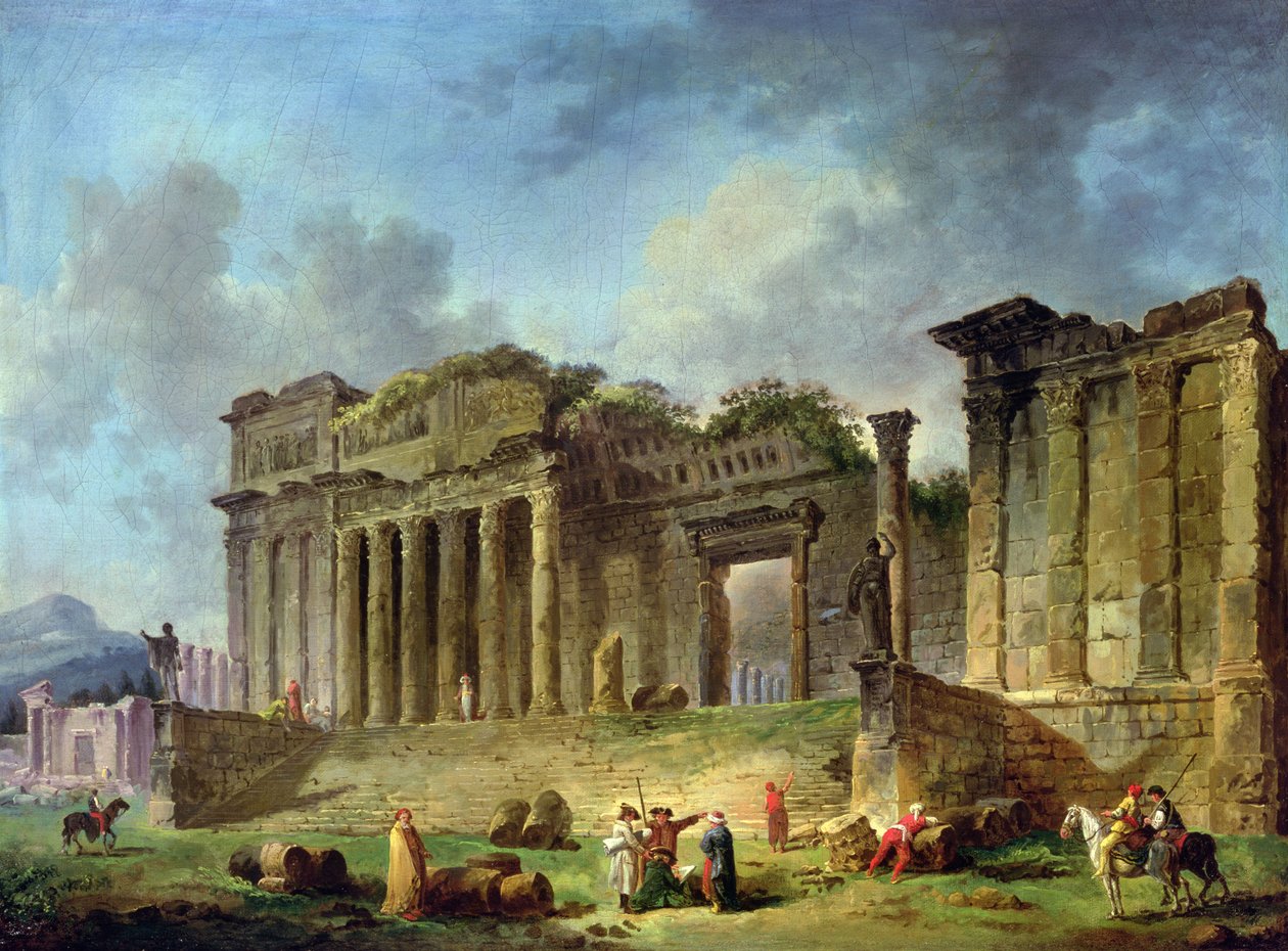 Muž skicující ruiny klasického chrámu (olej na plátně) od Hubert Robert