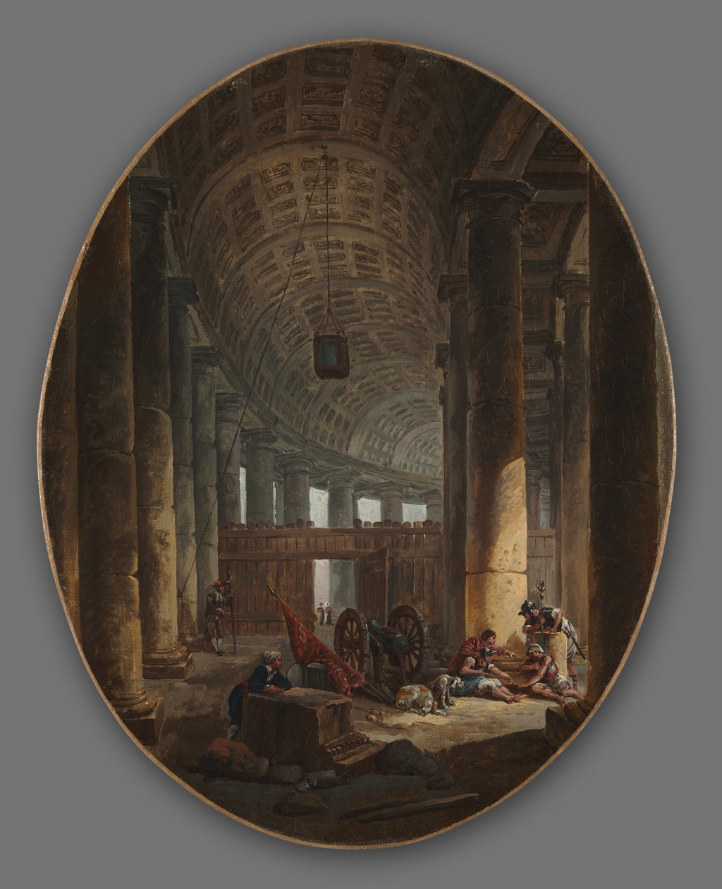 Dvojice obrazů: Kolonáda sv. Petra, Řím, během konkláve a jeskyně..., kolem roku 1769 od Hubert Robert