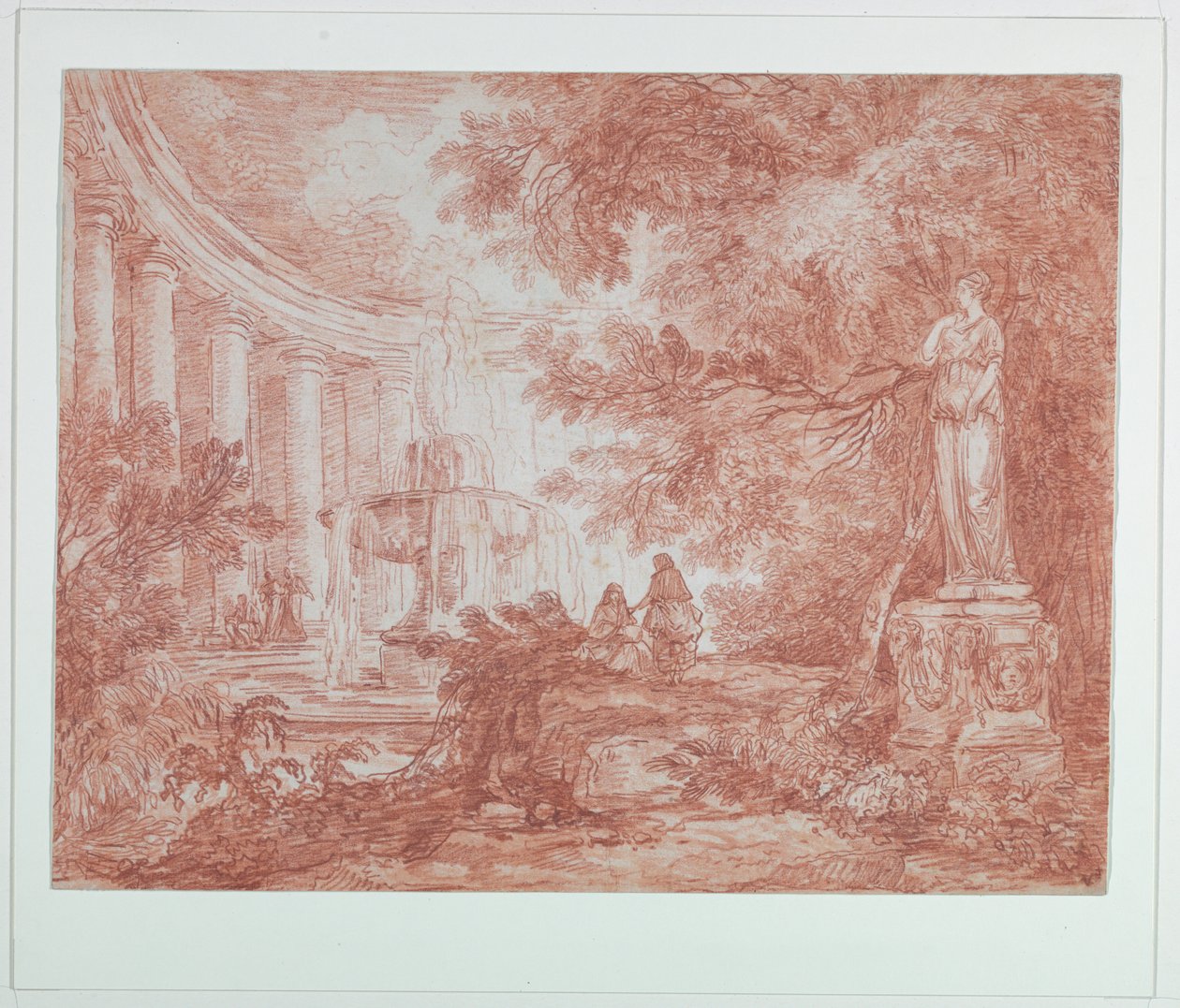 Park s fontánou a sochou od Hubert Robert