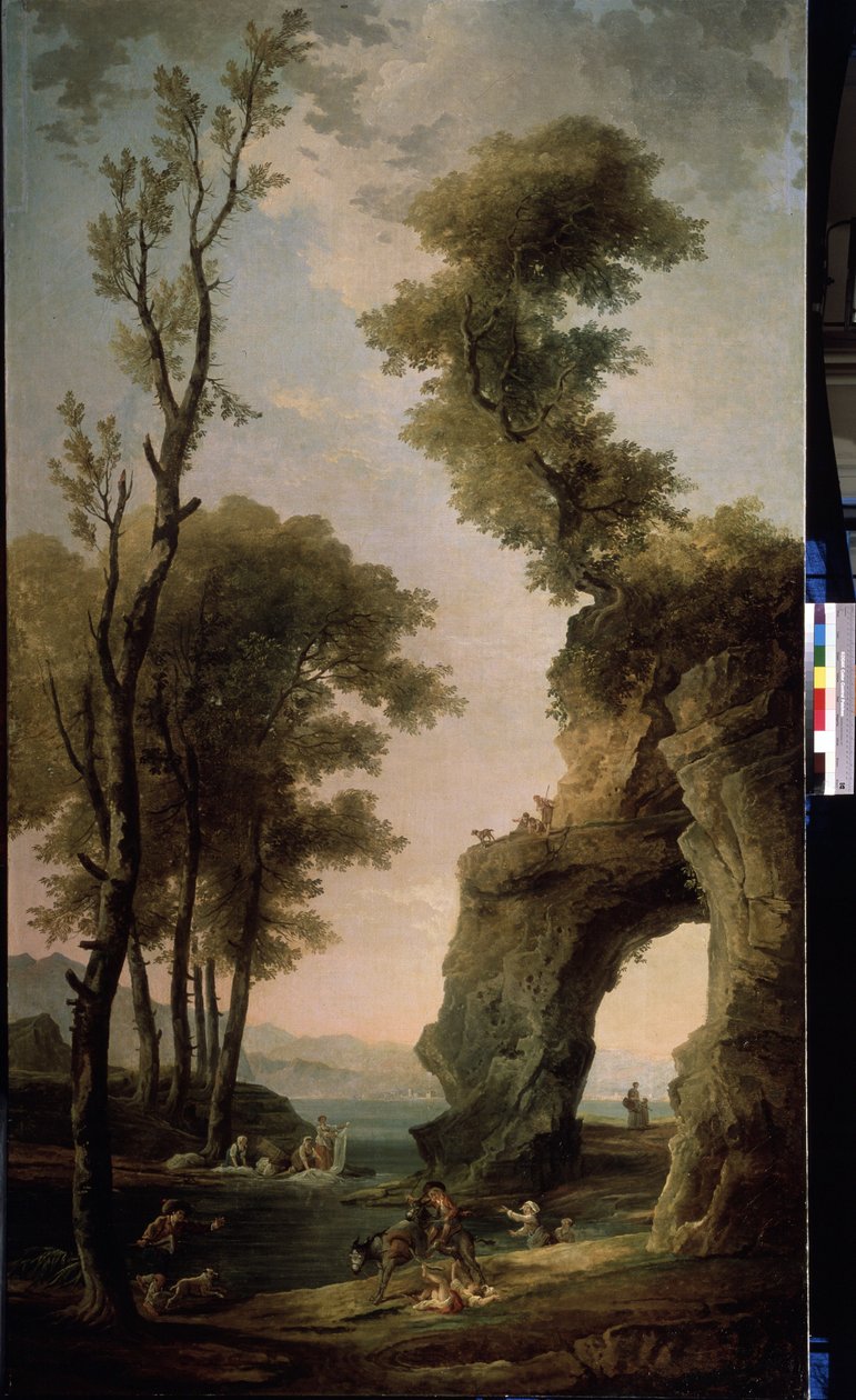 Venkov. Pračky perou prádlo v řece. Žena spadne z osla. Malba Huberta Roberta (1733-1808), olej na plátně, francouzské umění. Státní muzeum pod širým nebem Peterhof, Petrohrad. od Hubert Robert