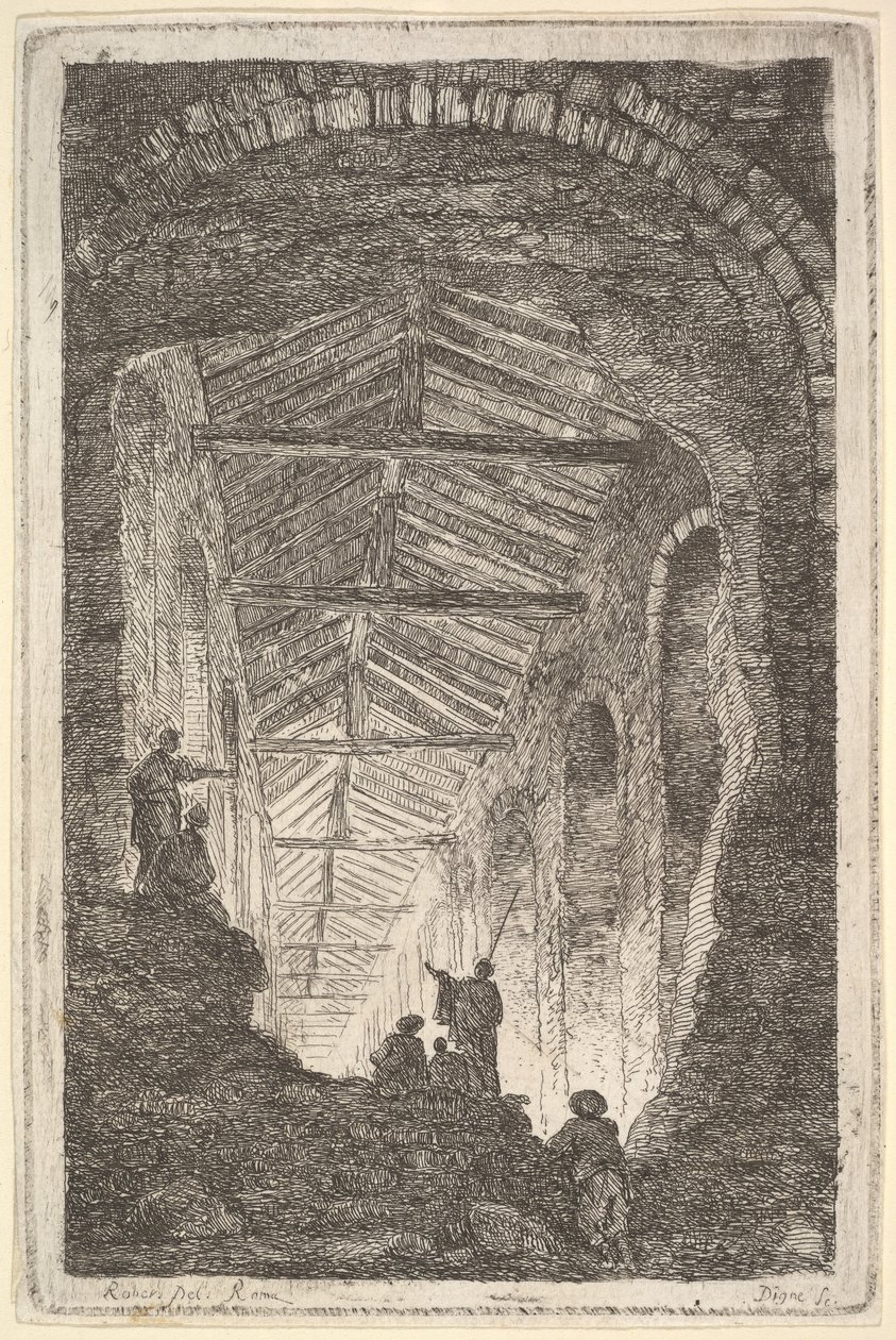 Deska 10: The Ancient Gallery: velká krytá galerie, světlo vstupující ze zadní části..., ca. 1763-64. od Hubert Robert