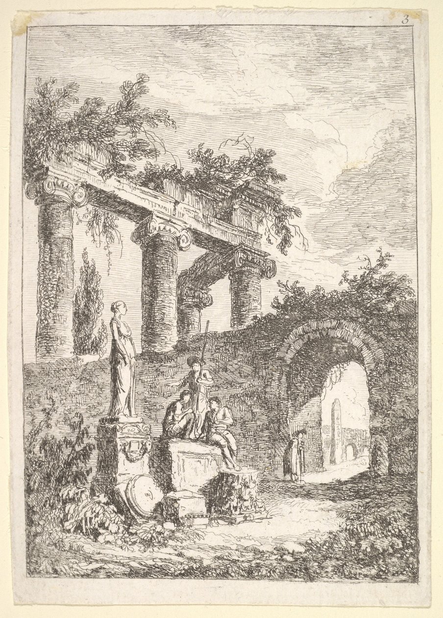 Talíř 3: Socha před ruinami: socha vlevo vedle tří postav na p..., ca. 1763-64. od Hubert Robert