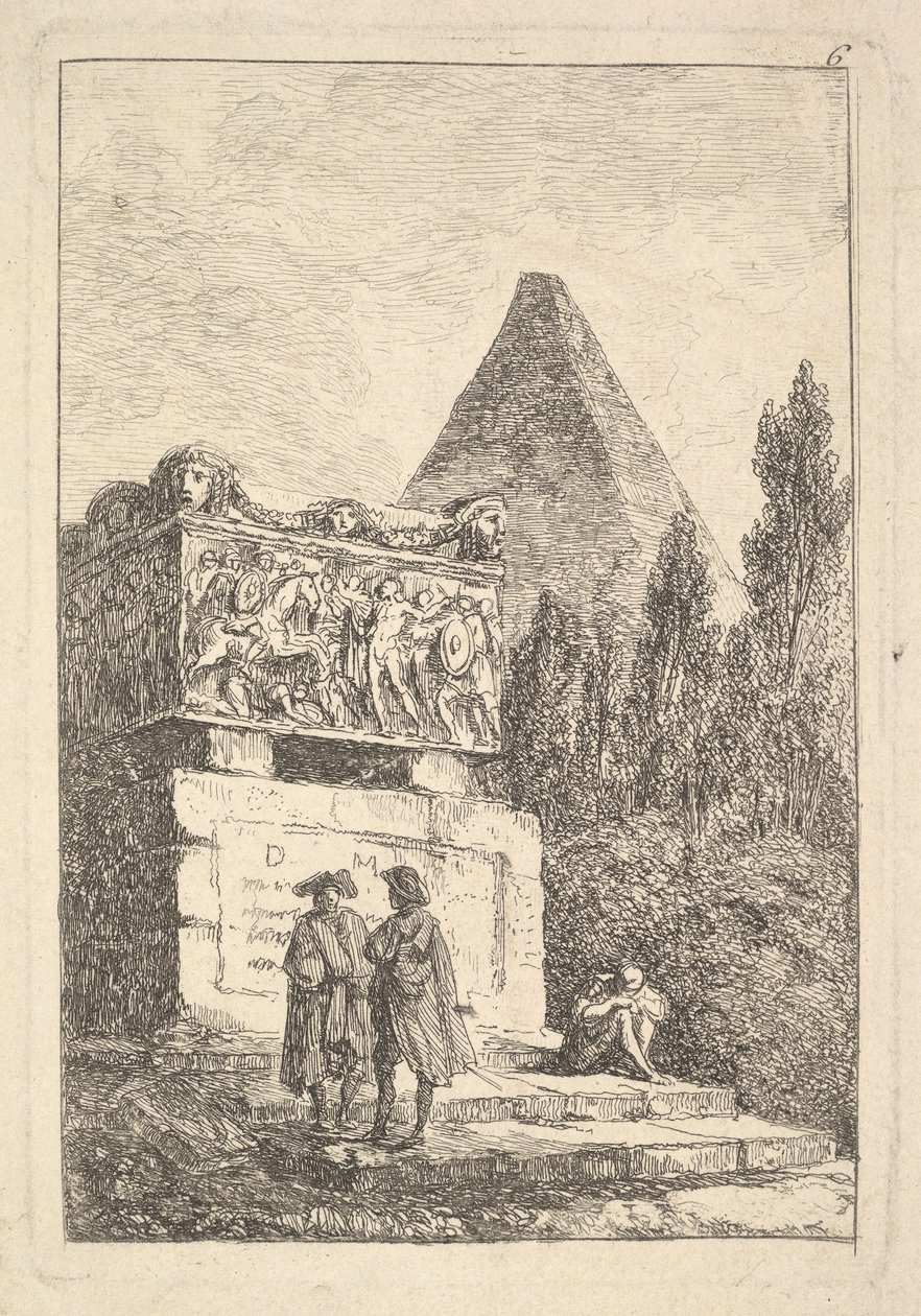 Talíř 6: Sarkofág: dva muži konverzující doleva, další muž sedí a spí..., ca. 1763-64. od Hubert Robert