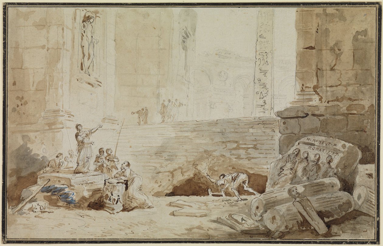 Římské capriccio s pouliční zpěvačkou od Hubert Robert