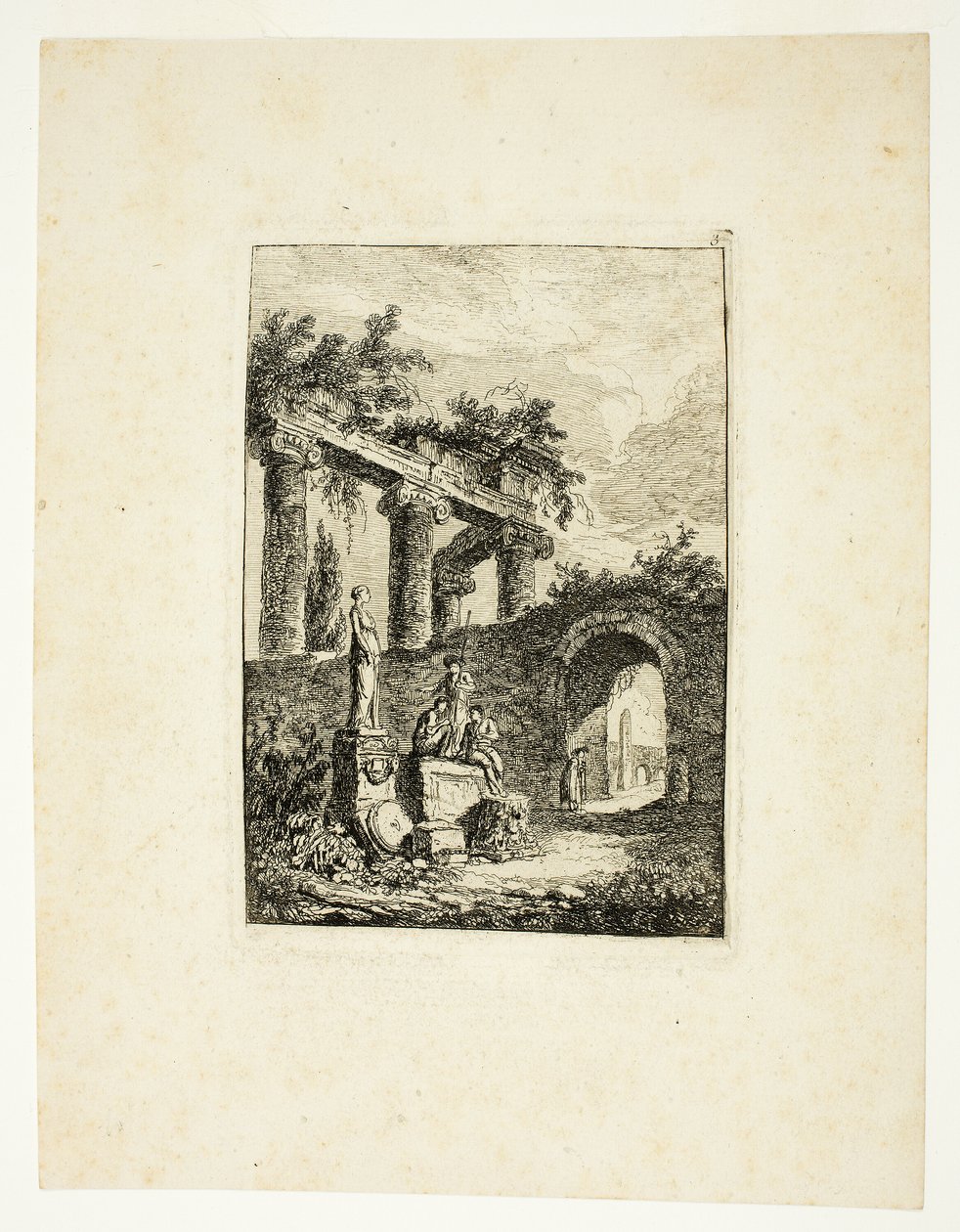 Socha před ruinami, třetí deska z knihy Les Soirées de Rome od Hubert Robert