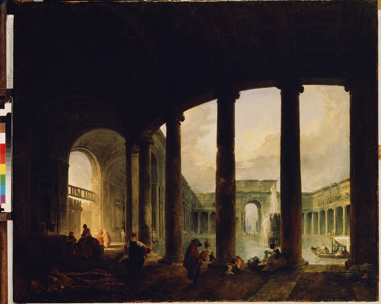 ""Bazén obklopený kolonádou"" (Bazén obklopený kolonádou (Villa Giulia?)) To může být Villa Giulia v Římě. Obraz Huberta Roberta (1733-1808) Ermitážní muzeum Petrohrad od Hubert Robert