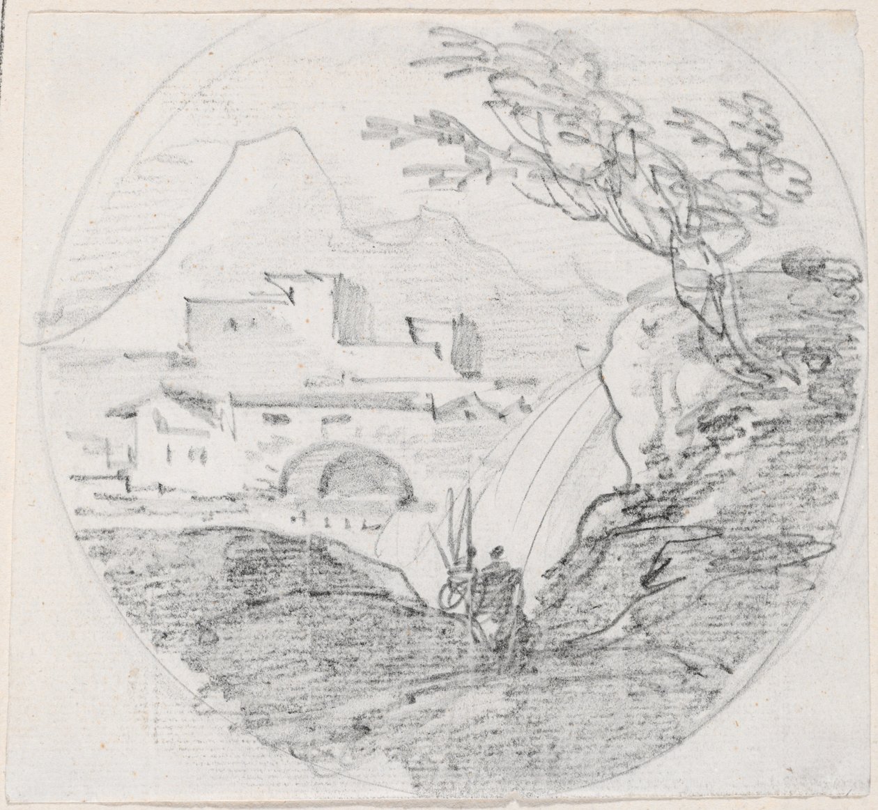 Pohled z hřebene na vesnici a vzdálené hory od Hubert Robert