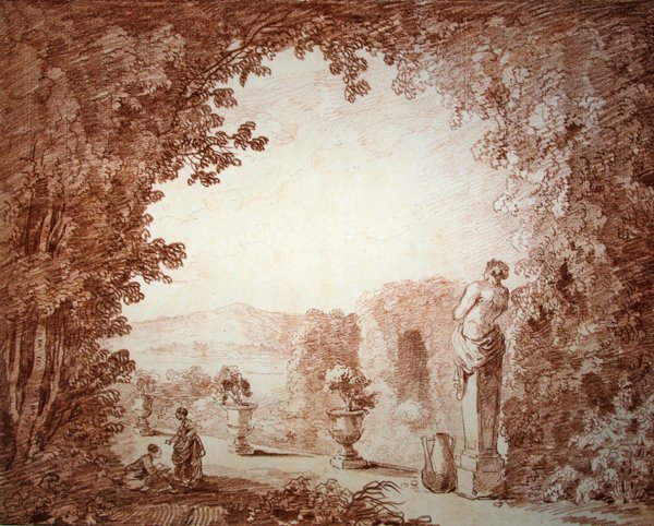Pohled na zahradu se sochami (červená křída na papíře) od Hubert Robert