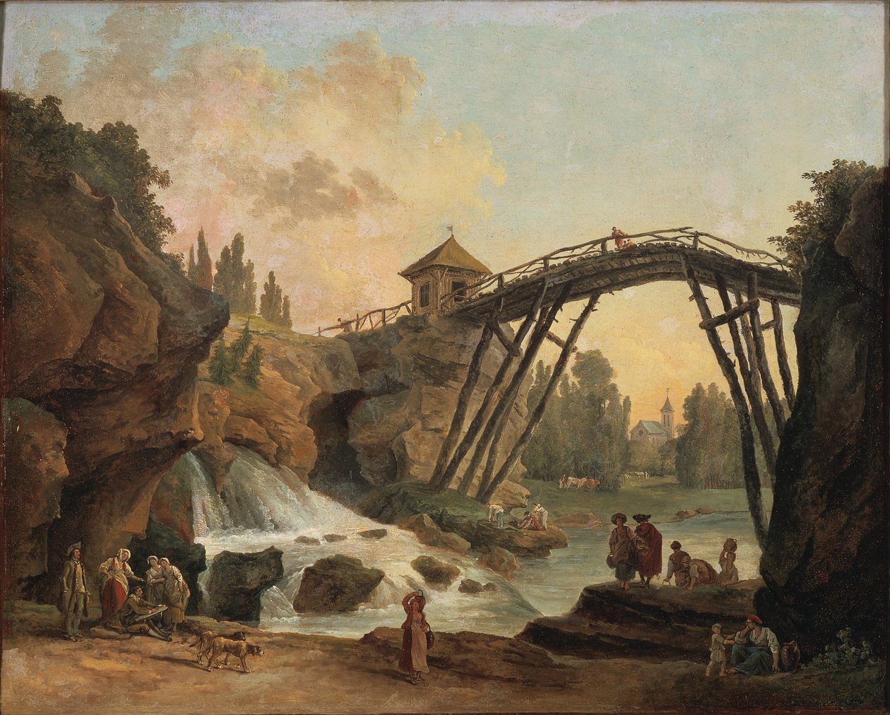 Pohled na jeskyni a rustikální most v krajinářské zahradě v Méréville od Hubert Robert
