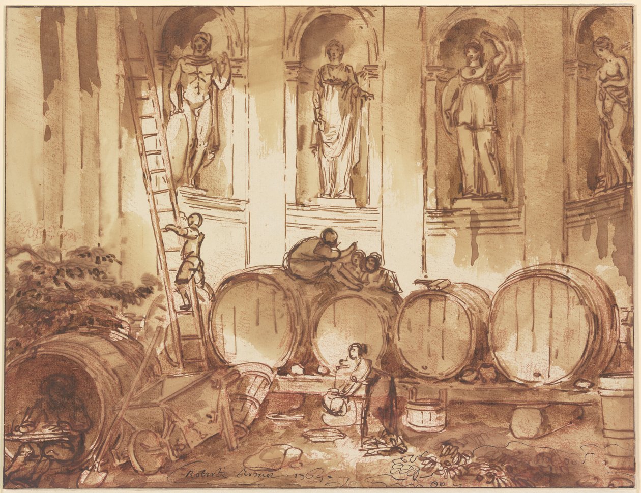 Sklad vína v hale s výklenky, ve které stojí čtyři sochy antických bohů od Hubert Robert