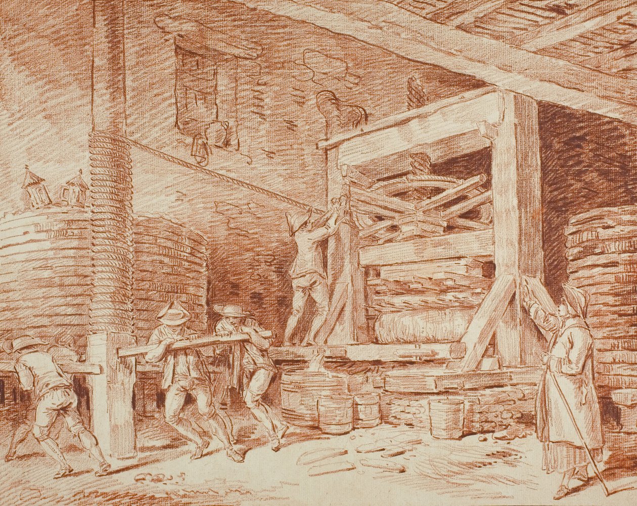 Wine Press, c.1759 (červená křída na lesklém papíře, položená na krémově položené kartě) od Hubert Robert