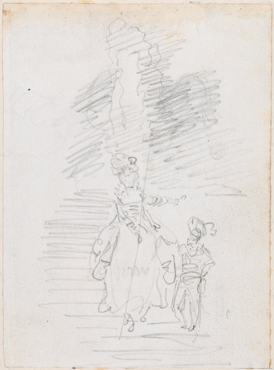 Woman and Smaller Male Figure on Grand Stairway [recto]   1222830   cs       czech Successfully Translated  Original: Fotoreproductie van een schilderij door Jusepe Ribera, voorstellend de droom van Jakob RIBERA.- Léchelle de Jacob. (au Musée du Prado). (t od Hubert Robert