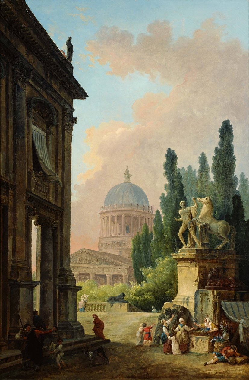 Fantazijní římská krajina s výhledem na kolos z Monte Cavallo a katedrálu od Hubert Robert