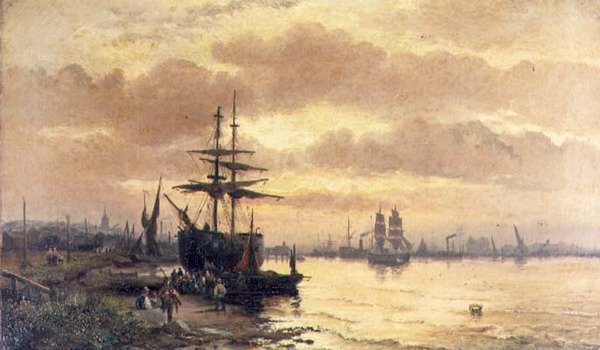 Fisherfolk na břehu ústí při západu slunce od Hubert Thornley