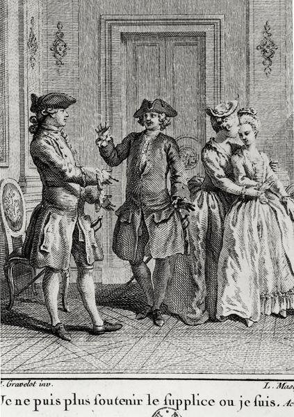 Nemohu dál snášet muka, kde jsem, ilustrace pro Eugenii od Beaumarchaise, vyryla Louis Joseph Masquelier (1741-1811) od Hubert after Gravelot