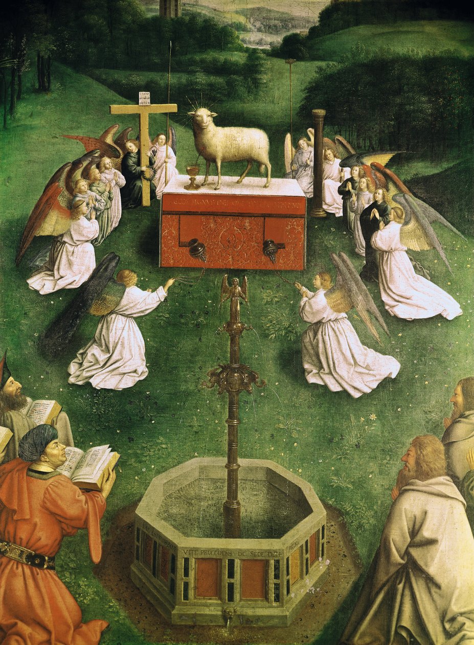 Kopie Adoration of the Mystic Lamb, z Gentského oltáře, spodní polovina centrálního panelu (olej na panelu) (viz také 166057) od Hubert and Jan van  Eyck