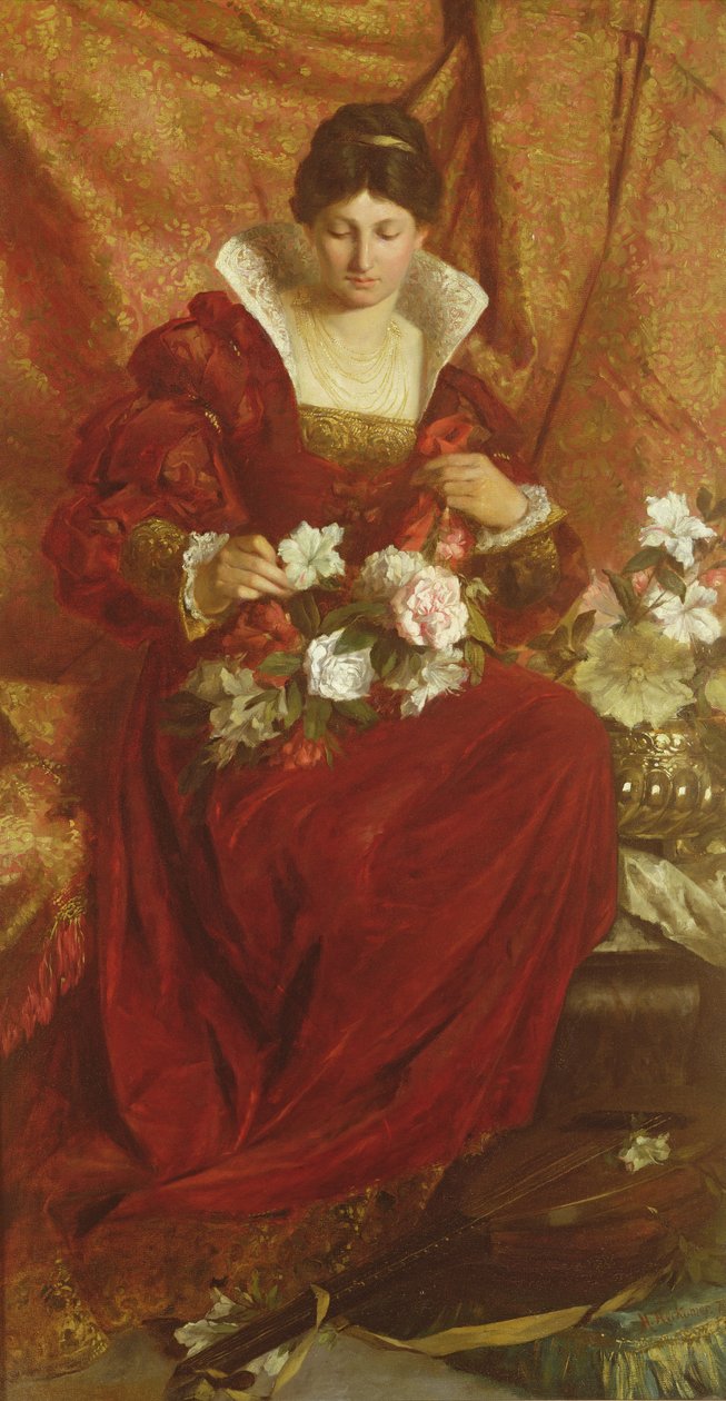 Dáma aranžující květiny od Hubert von Herkomer