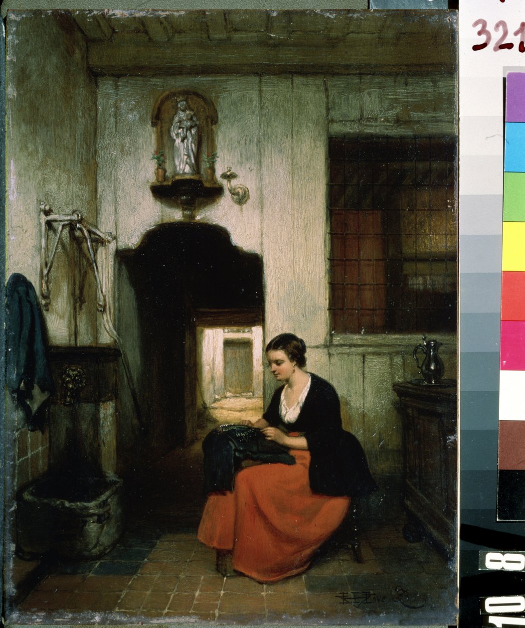 "La brodeuse"" (vyšívačka) Mladá žena, která dělá šicí práce v belgickém interiéru. Obraz Hubertuse van Hove (1814-1865) 1860 Michail Kroshitsky Art Museum, Sevastopol (Sevastopol) Ukrajina od Hubertus van Hove