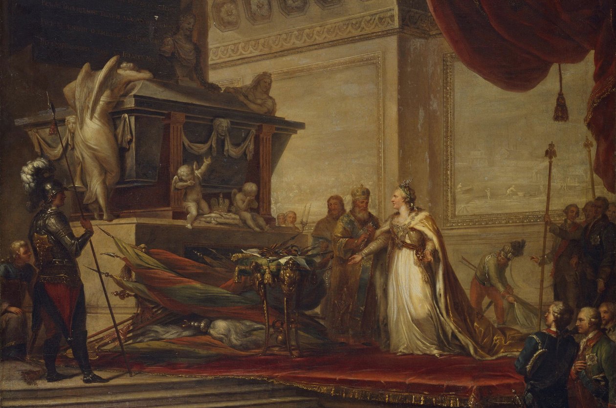 Kateřina II. pokládání trofejí z bitvy u Chesmy na hrob Petra Velikého, 1791 od Hüne