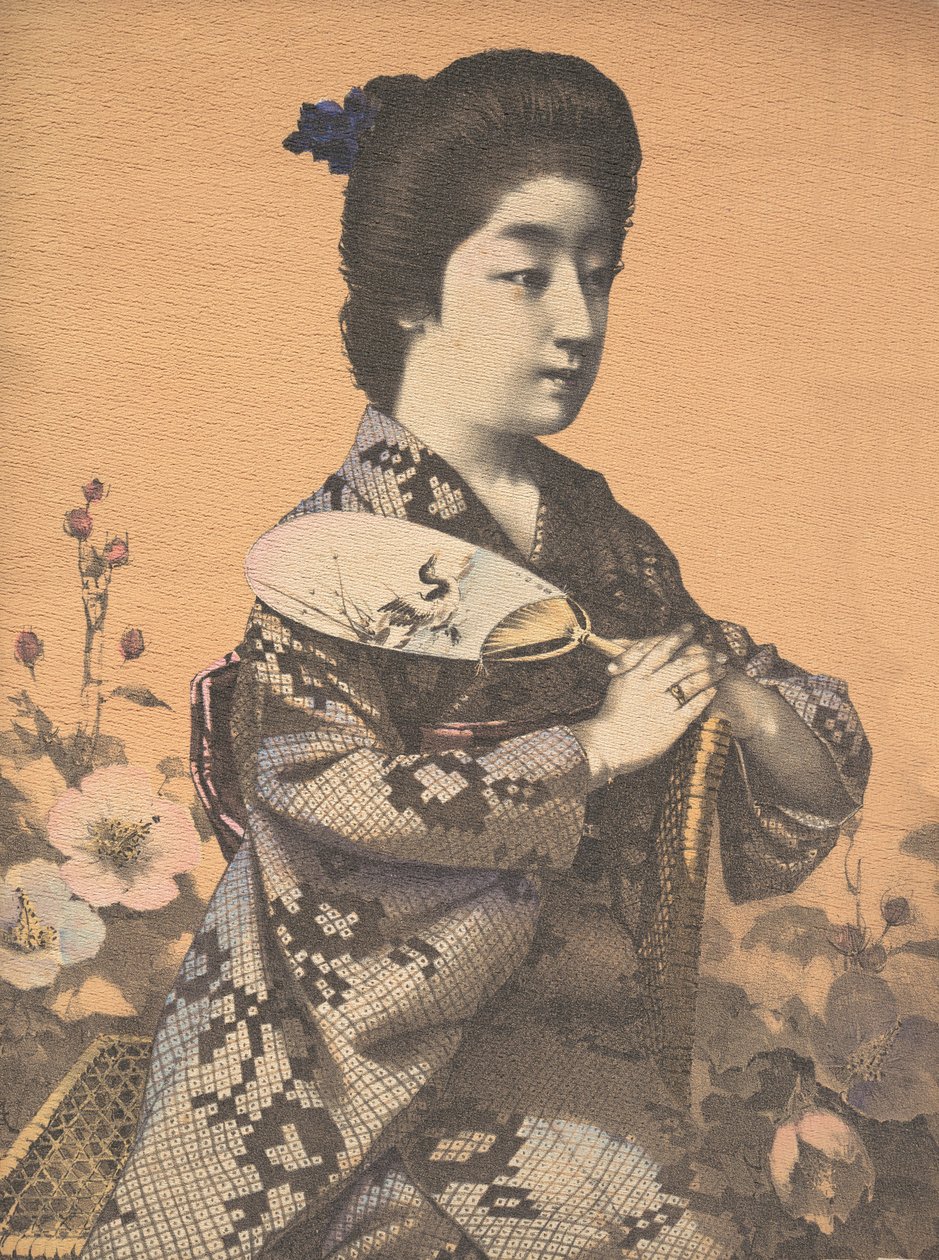 Dívka nesoucí kulatý papírový ventilátor Uchiwa, ca. 1900 od Hugechi