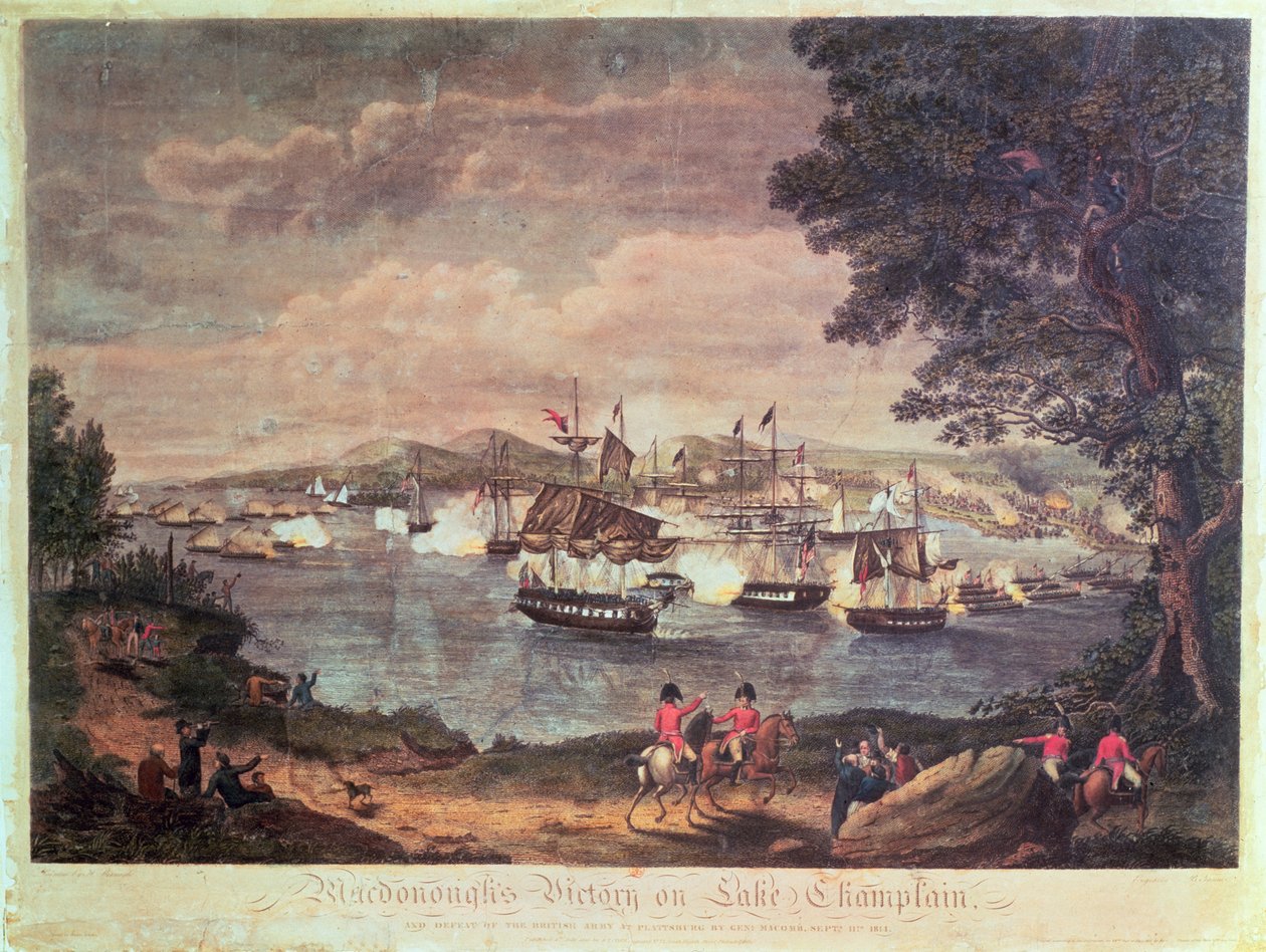 Macdonoughovo vítězství u jezera Champlain a porážka britské armády u Plattsburgu generálem Macombem 11. září 1814 (barevná rytina) od Hugh Reinagle