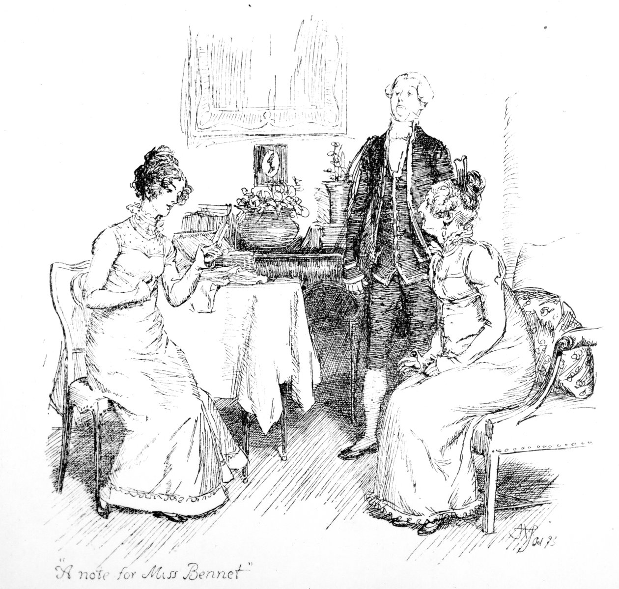 „Poznámka pro slečnu Bennetovou“, ilustrace z „Pýchy a předsudku“ od Jane Austenové, vydání vydané v roce 1894 od Hugh Thomson