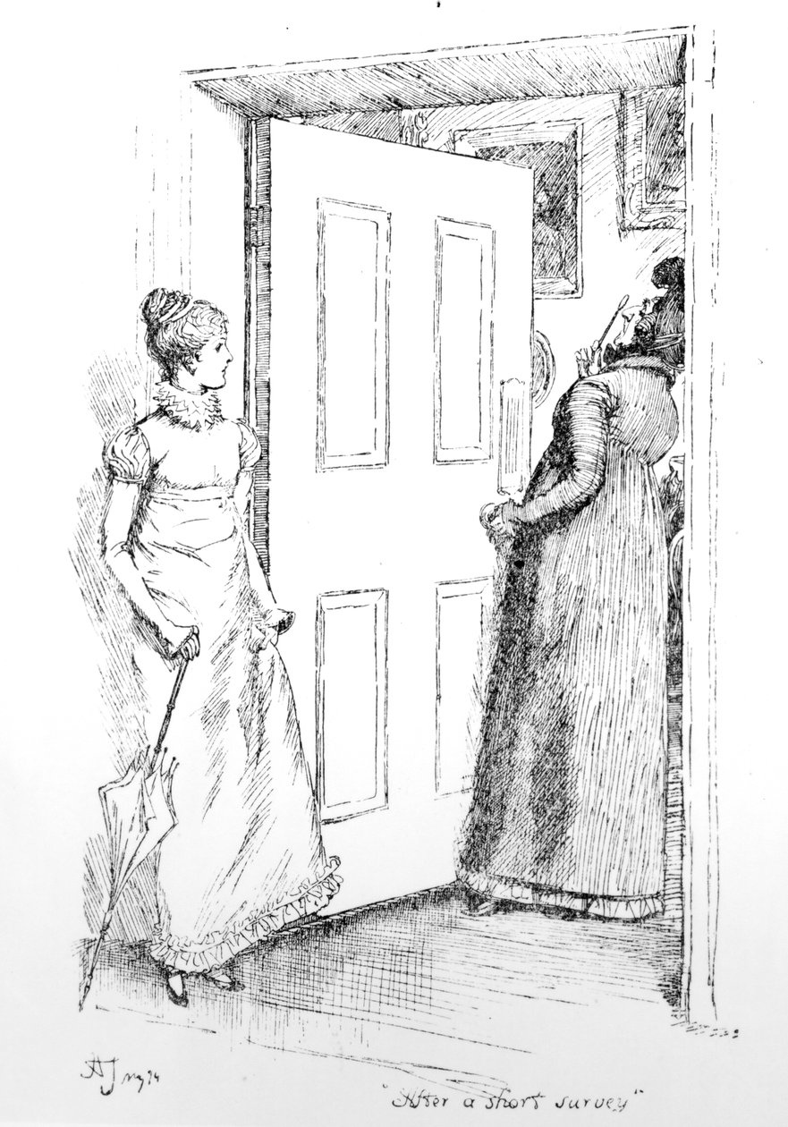 „Po krátkém průzkumu“, ilustrace k „Pýchě a předsudku“ od Jane Austenové, vydání vydané v roce 1894 od Hugh Thomson