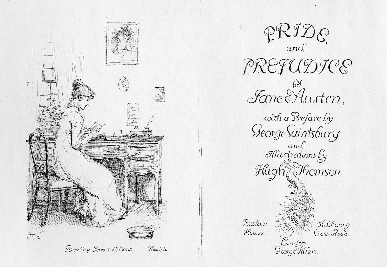 Frontispice a titulní strana k „Pýchě a předsudku“ od Jane Austenové, vydání vydané v roce 1894 od Hugh Thomson