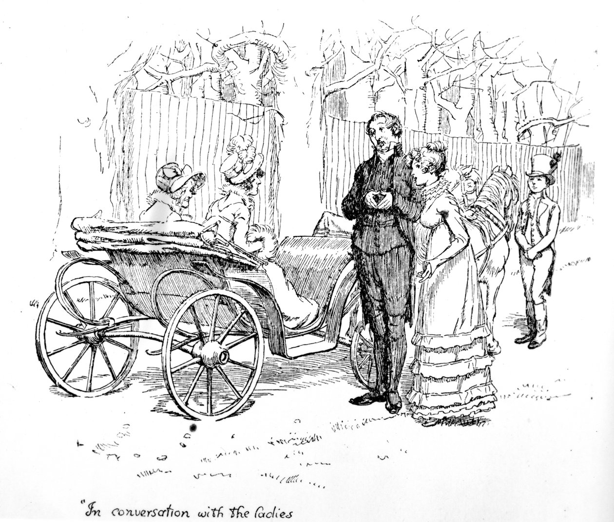 „V rozhovoru s dámami“, ilustrace z „Pýchy a předsudku“ od Jane Austenové, vydání vydané v roce 1894 od Hugh Thomson