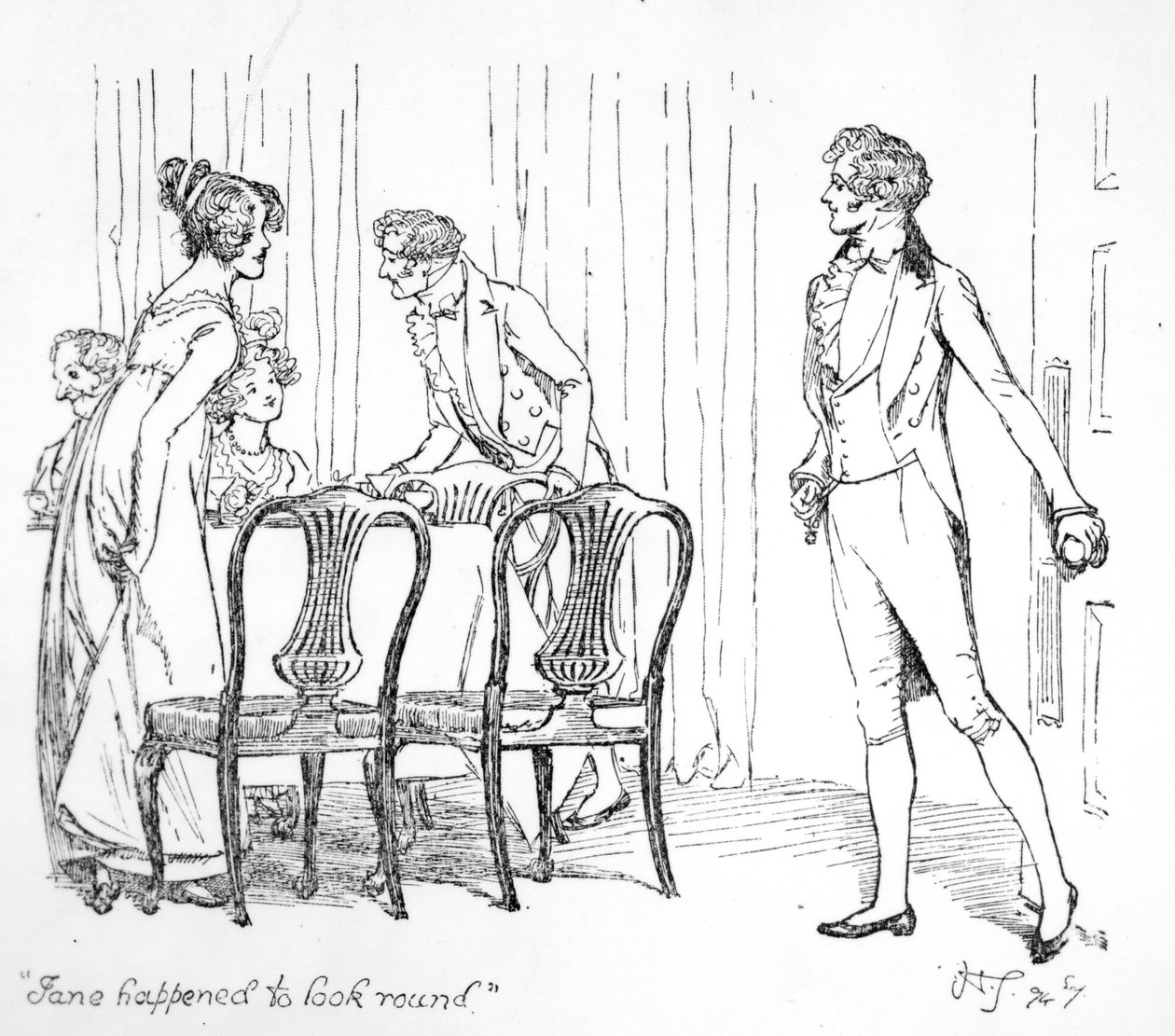 "Jane se náhodou rozhlédla", ilustrace z knihy Jane Austenové "Pýcha a předsudek", vydání z roku 1894. od Hugh Thomson