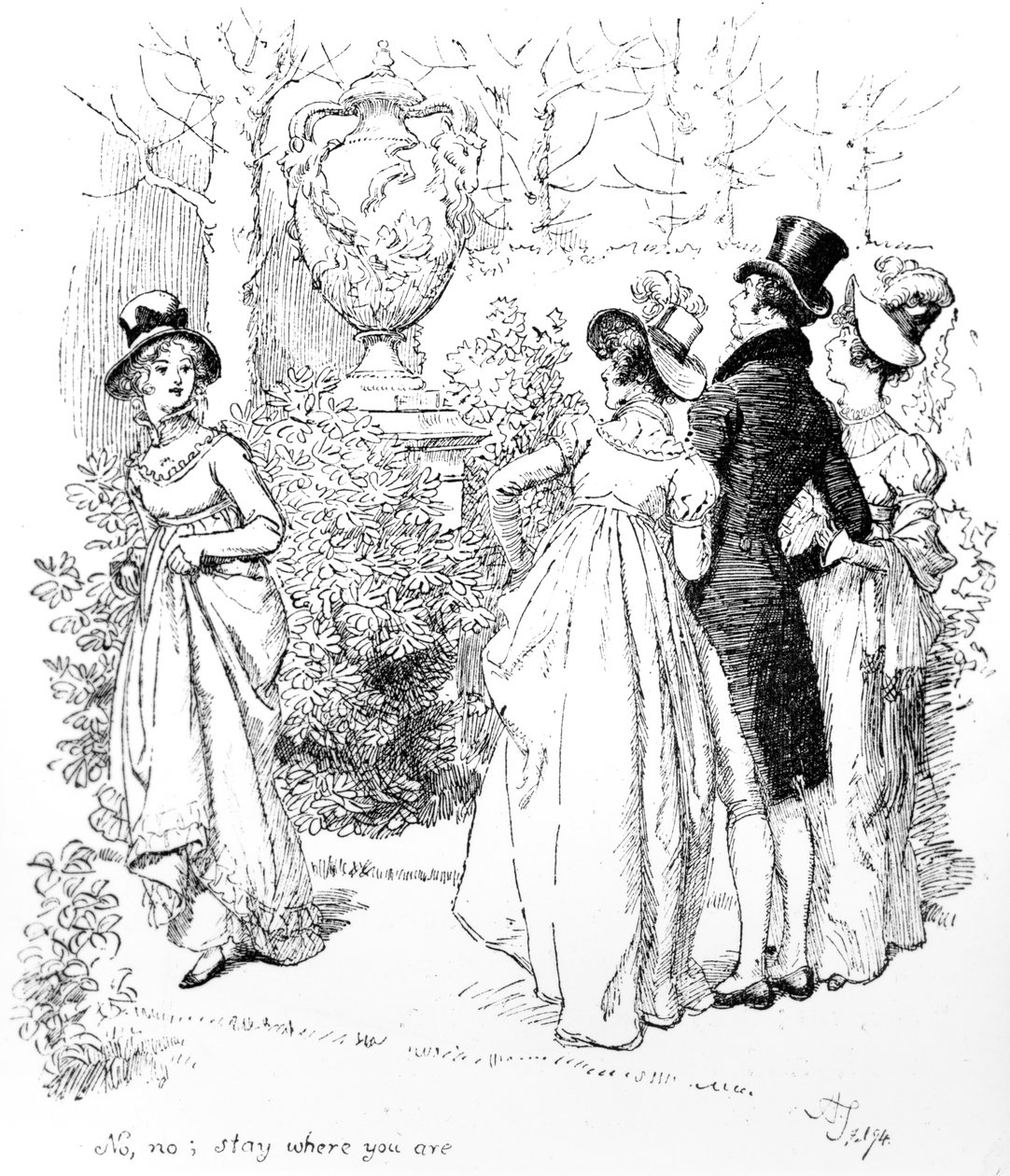„Ne, ne, zůstaň, kde jsi“, ilustrace z „Pýchy a předsudku“ od Jane Austenové, vydání vydané v roce 1894 od Hugh Thomson