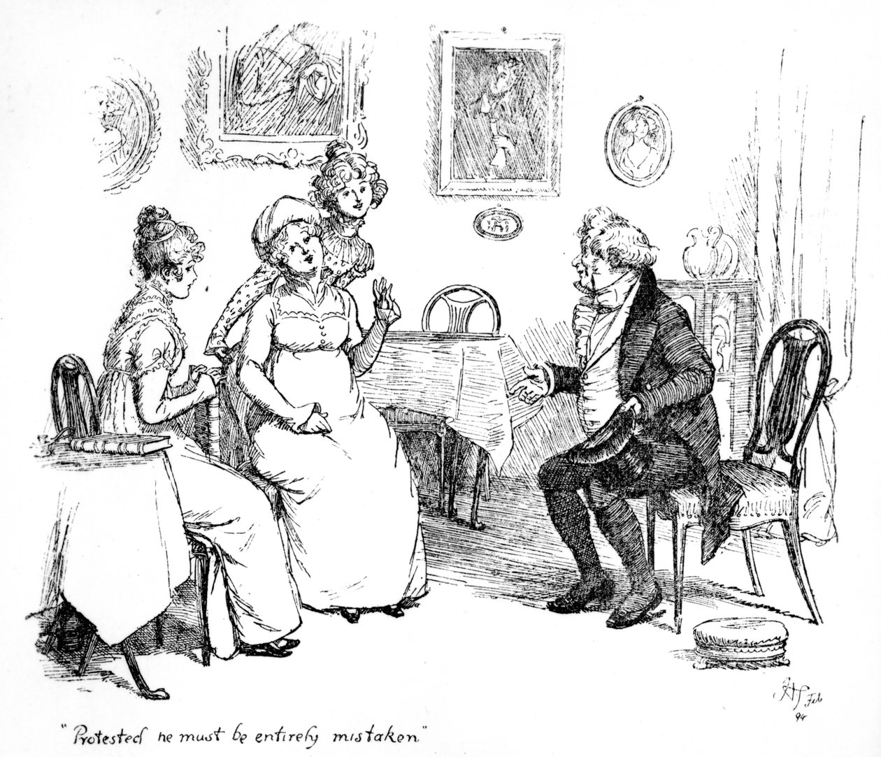 „Protestoval, že se musí úplně mýlit“, ilustrace k „Pýcha a předsudek“ od Jane Austenové, vydání vydané v roce 1894 od Hugh Thomson