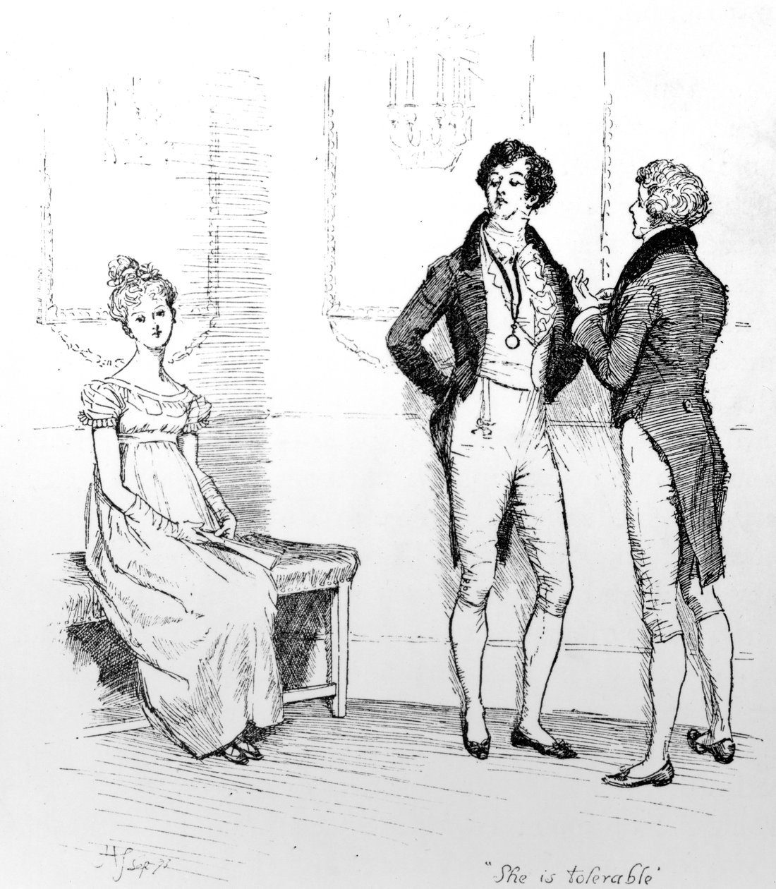„Je tolerovatelná“, ilustrace z „Pýchy a předsudku“ od Jane Austenové, vydání vydané v roce 1894 od Hugh Thomson