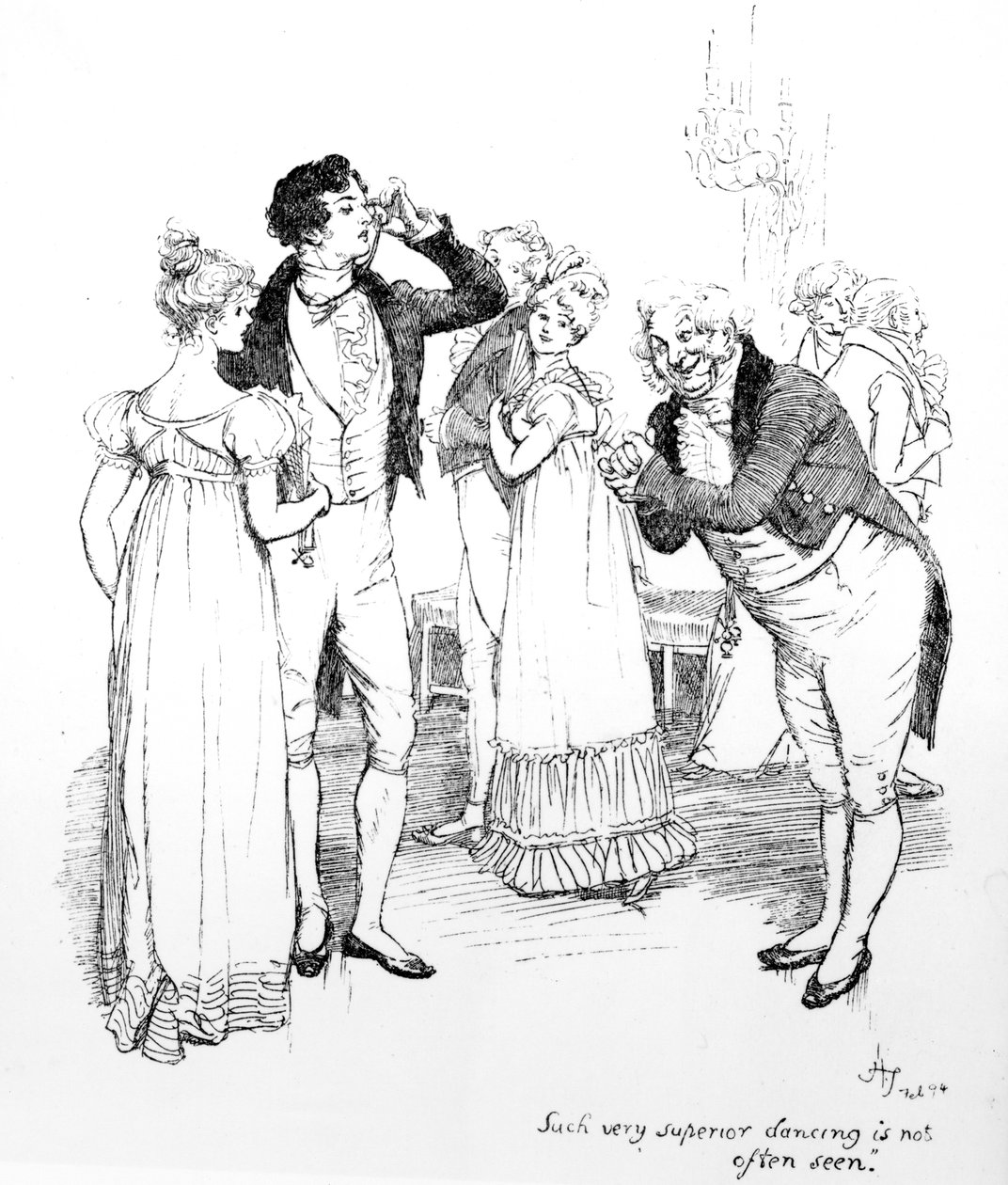 „Tak vynikající tanec se často nevidí“, ilustrace z „Pride und Prejudice“ od Jane Austenové, vydání z roku 1894 od Hugh Thomson